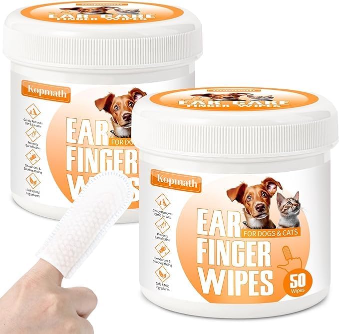 Ear Cleaner Finger Wipes for Dogs & Cats, Gently Clean Earwax & Dirt, Soothe Ear Itching, Easy to Use, Natural Pet Ear Wipe for Dog, Unscented, 100 Disposable Count