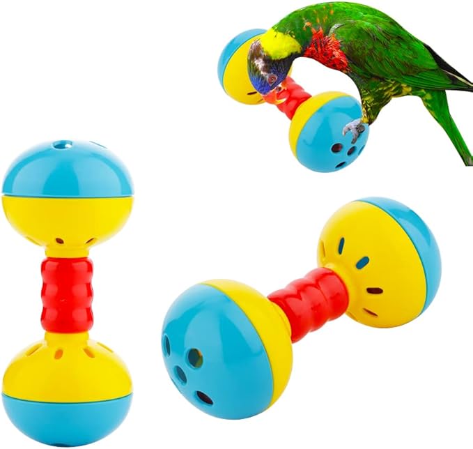 2 Pcs Bird Barbell Dumbell Foot Toy, Enrichment Rattles Bells Foot Toy for Small Bird Parrot Parakeet Cockatiel Conure Love Birds