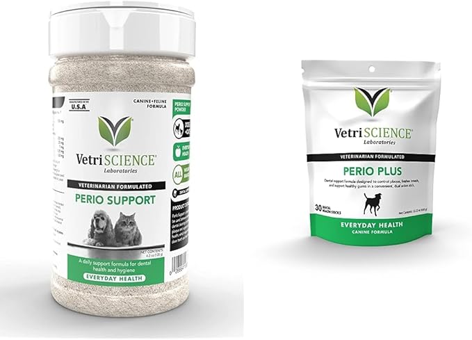 VetriScience Perio Support Teeth Cleaning Dental Powder for Dogs and Cats, Up to 192 Servings & Perio Plus Dental Sticks for Dogs, 30 Sticks