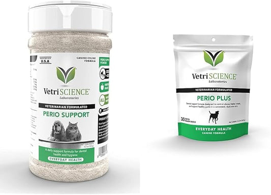 VetriScience Perio Support Teeth Cleaning Dental Powder for Dogs and Cats, Up to 192 Servings & Perio Plus Dental Sticks for Dogs, 30 Sticks