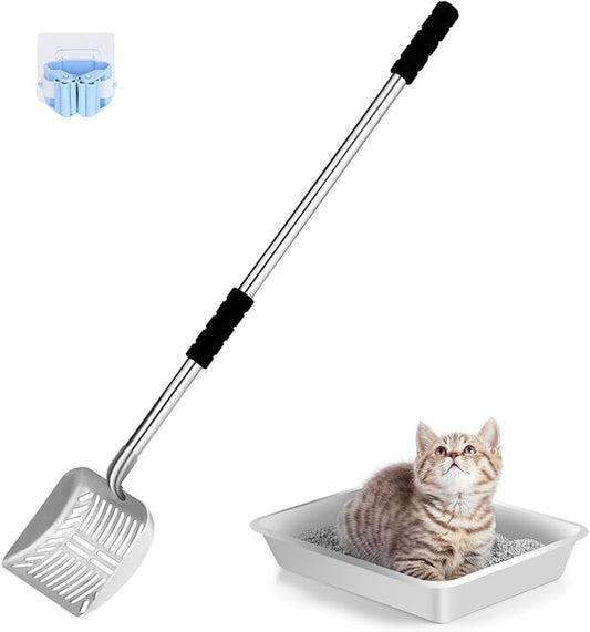 Metal Cat Litter Scoop, with Retainer, Removable Stainless Steel, Non-Bending Heavy Duty Cat Litter Scoop, Non-Stick Long Handled Cat Litter Scooper for Multi-Cat Households