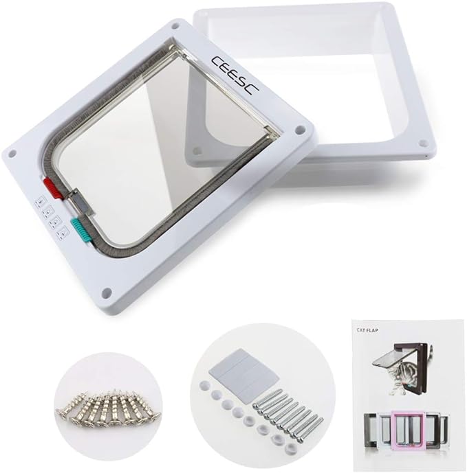 CEESC Cat Flap Door Magnetic Pet Door with 4 Way Lock for Cats, Kitties and Kittens, 2 Sizes and 2 Colors Options (L- Inner size: 7.08"(W) x 7.48"(H), White)