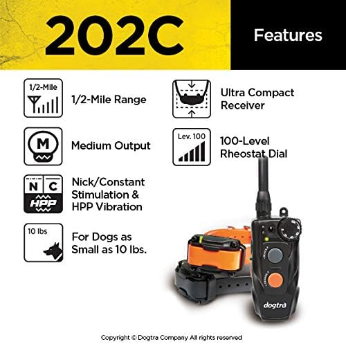 Dogtra 202C Remote Training E-Collar - 1/2 Mile Range - 2-Dogs System, Static, Vibration, Medium Output, Adjustable Levels, Waterproof, Electric Dog Collar for Basic Training of Small, Medium Dogs