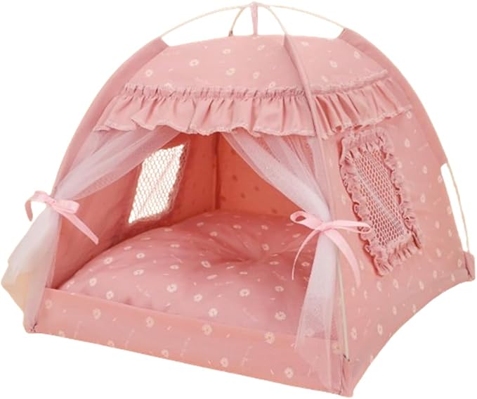 Cat Bed Tents Dog House Indoor Outdoor Lace Mesh Breathable Windows Door Curtains Removable Portable Nest Teepe House (Small,Pink(Ruffled Teim))