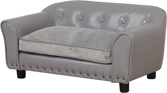 Dog Sofa and Chair/Luxury PU Leather Pet Sofa Chair/with Copper Nail Dog Couch/Wooden Frame Cat Sofa Chair/Dog Sofa Bed with Suede Cushion for Small Dog Using (Grey)