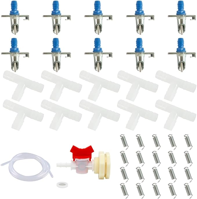 Automatic Rabbit Watering System Kit, Rodent Poultry Watering System Bucket Connector Include 10 Nipple Drinker Feeders,ID 5/16'' Hose,Barb Valve Fitting to G 1/2'' Thread Connector