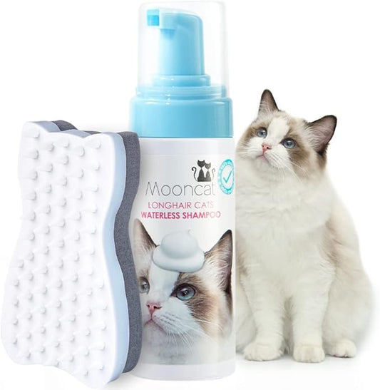 Mooncat Waterless Cat Shampoo and Brush Kit - No Rinse Foam Bath for Long Hair Cats - Grooming for Sensitive Skin, Detangling, Paraben-Free, pH Balanced - Licking Safe (5 oz)