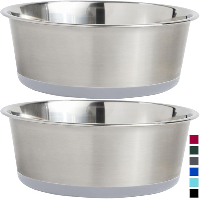 Gorilla Grip Stainless Steel Metal Dog Bowl Set of 2, Rubber Base, Heavy Duty Feeding Dishes, Food Grade BPA Free, Less Sliding, Quiet Pet Bowls for Cats and Dogs, Holds 3 Cups (24 fl oz), Lt Gray