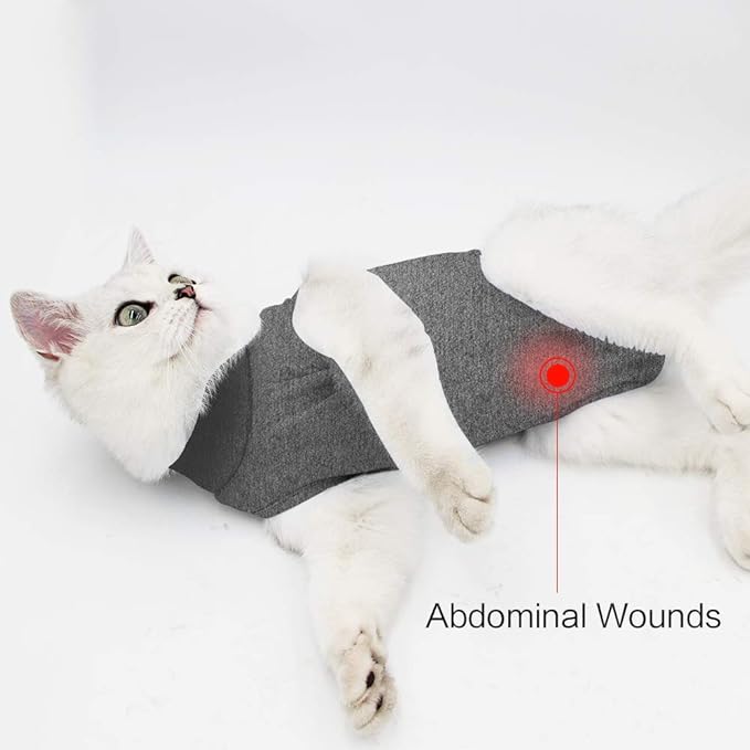 Cat Recovery Suit for Male and Female Surgical Post Surgery Soft Cone Onesie Shirt Clothes Neuter Licking Protective Diapers Outfit Cover Kitten Spay Collar(S, Grey)