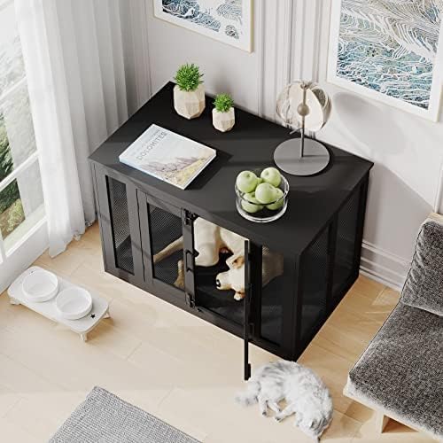 Irontar End Table Dog Crate Furniture for Small to Large Dogs, Wooden Dog Kennel with Cushion, Double-Door Dog House, Black MGW001H