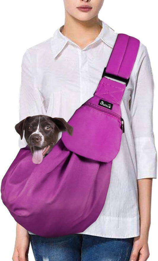 SlowTon Dog Carrier Sling - Thick Padded Adjustable Shoulder Strap Dog Carriers for Small Dogs, Puppy Carrier Purse for Pet Cat with Front Zipper Pocket Safety Belt Machine Washable (Fuchsia M)