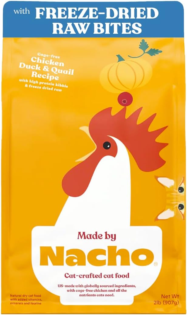 Made by Nacho Premium Dry Kibble Infused with Bone Broth 2lb Bag Cat Food (Cage-Free Chicken, Duck & Quail)