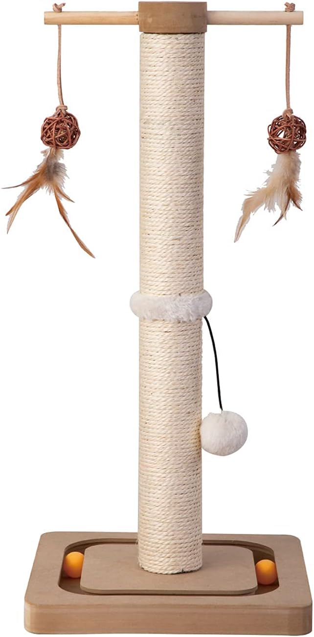 Cat Scratching Post Premium Sisal Toll Scratch Posts with Tracking Interactive Toys Vertical Scratcher for Indoor Cats and Kittens- 25 inches Beige