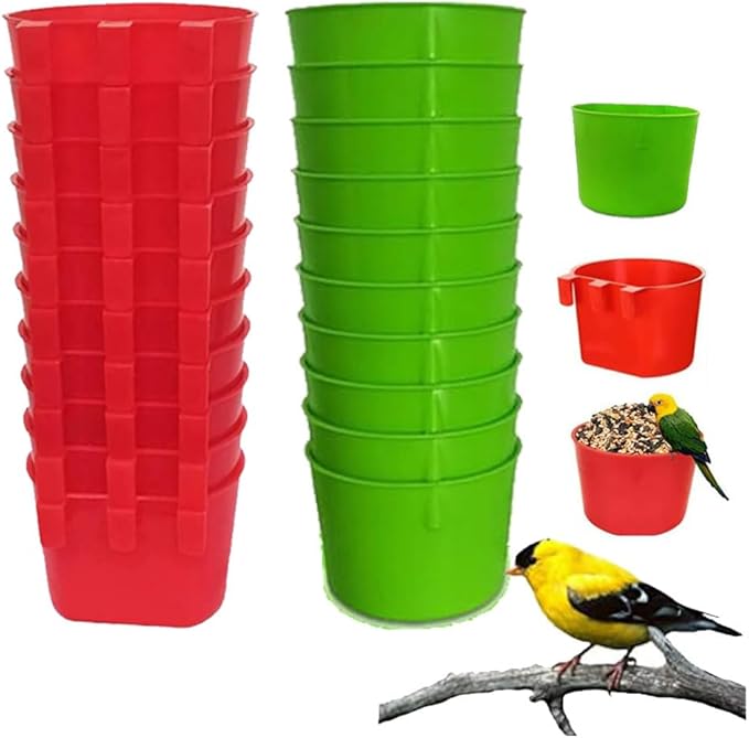 20Pcs Cage Cup Bird Cage Feeder Chicken Feeding Bowl Chicken Water Cups Hanging for Cage Chicken feeders Water Cups Hanging for Treats Grit Gamefowl Parrot Parakeet Poultry(Red+Green)