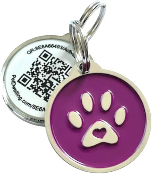 Premium Pet ID Tag for Dogs and Cats: Easy Scan QR Code, Instant Online Pet Profile Access, & Scan Location Alerts(Purple Paw)