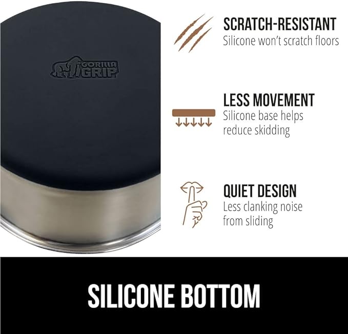 Gorilla Grip Stainless Steel Metal Dog Bowl Set of 2, Rubber Base, Heavy Duty Feeding Dishes, Food Grade BPA Free, Less Sliding, Quiet Pet Bowls for Cats and Dogs, Holds 8 Cups (64 fl oz), Black