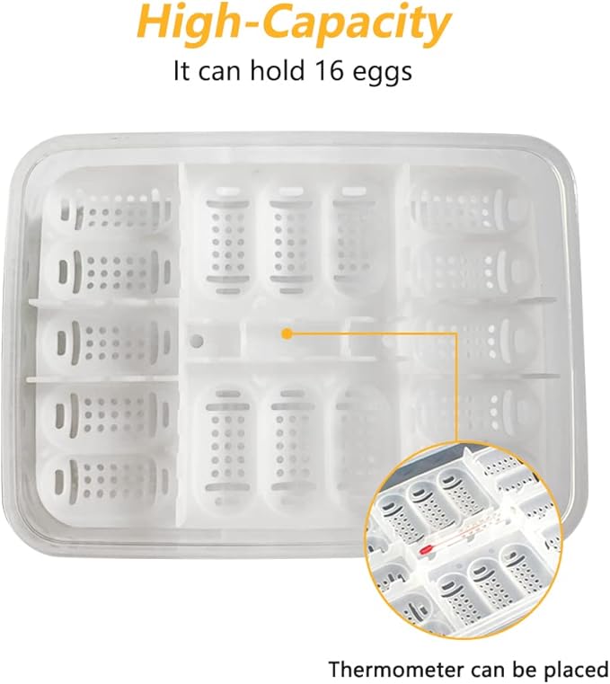 16 Grids Reptile Breeding Box, Reptile Egg Incubator Professional Plastic Reptile Breeding Box Hatching Box Case Tray for Hatching Gecko Lizards Lions Mane Without Thermometer