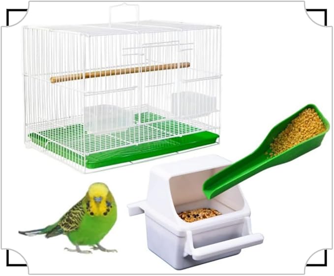 Bird Feeder, Plastic Bird Food Water Feeder Dispenser Standing Frame with 2 Spoons, for Parrot Parakeet Pigeon Sparrow