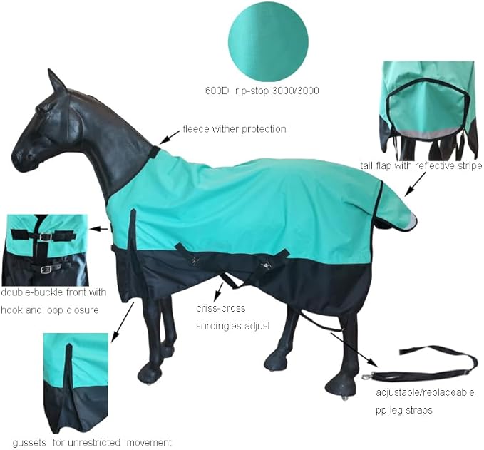 600Denier Waterproof and Breathable Horse Sheet Rip-Stop Turnout Rain Sheet Horse Blanket with Removable Leg Straps