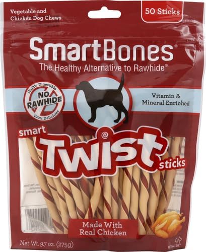 SmartBones Smart Twist Sticks, Rawhide Free Dog Chew Sticks, Made With Real Chicken, 50 Sticks (Pack of 1)