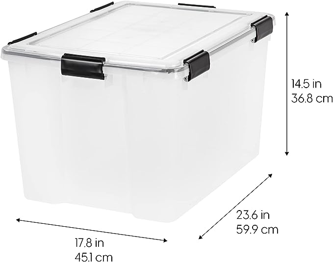 IRIS USA 74 Qt Storage Box with Gasket Seal Lid, 2 Pack - BPA-Free, Made in USA - Heavy Duty Moving Containers with Tight Latch, Weather Proof Tote Bin, WEATHERPRO - Clear/Black