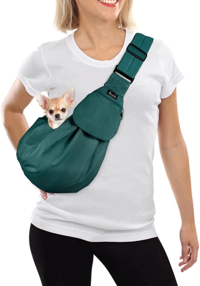 SlowTon Dog Carrier Sling - Thick Padded Adjustable Shoulder Strap Dog Carriers for Small Dogs, Puppy Carrier Purse for Pet Cat with Front Zipper Pocket Safety Belt Machine Washable (Green S)