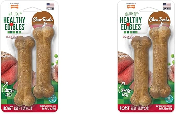 Nylabone Healthy Edibles Natural Dog Chews Long Lasting Roast Beef Flavor Treats for Dogs, X-Small/Petite (2 Count) (Pack of 2)