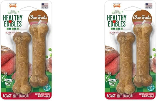 Nylabone Healthy Edibles Natural Dog Chews Long Lasting Roast Beef Flavor Treats for Dogs, X-Small/Petite (2 Count) (Pack of 2)