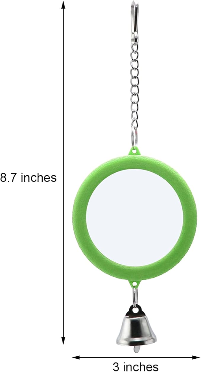 2PCS Bird Mirror with Bell Parrot Hanging Interactive Playing Toy for Cockatiel Parakeets Canaries Budgie Cage Accessories (Green)