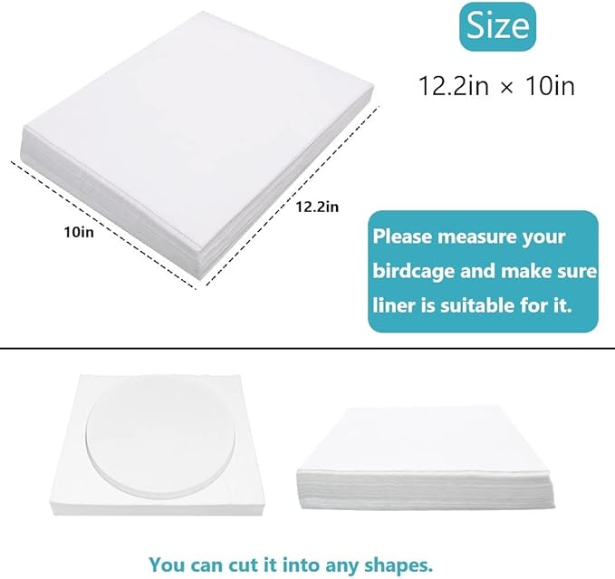 Bird Cage Liner Papers, 100 Sheets 12.2×10in Non-Woven Bird Cage Liners, 4 Size to Choose, Precut Absorbent Bird Paper (12.2×10in, 100 Sheet)