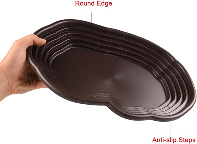 Flushbay Reptile Feeding Water Bowl with Drainage Turtle Water Dish Large Reptile Bathing Dish Pool for Lizard Bearded Dragon Hermit Crabs Semi-Aquatic Pets (Black)