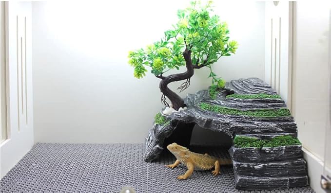 Reptile Simulation Rock Hide-Resin Amphibian Hideouts Cave Size 3.94'' x 1.77'' with Plastic Tree 7.87'',Habitat for Bearded Dragon Turtles Lizards Snakes Crab Gecko Leopard Spider Fish