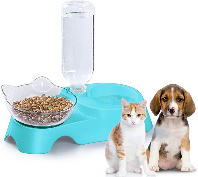 MILIFUN Double Dog Cat Bowls - Pets Water and Food Bowl Set, 15°Tilted Water and Food Bowl Set with Automatic Waterer Bottle for Small or Medium Size Dogs Cats