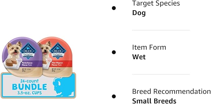 Blue Buffalo Delights Natural Adult Small Breed Wet Dog Food Cups, Pate Style, Porterhouse & Filet Mignon 3.5-oz (24 Count - 12 of Each Flavor)