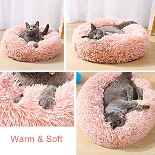 Cat Beds for Indoor Cats - Large Cat Bed Washable 24 inches, Dog Beds for Small Medium Dogs, Anti Anxiety Round Fluffy Plush Faux Fur Cat Bed, Thick Bottom (Large, Pink)
