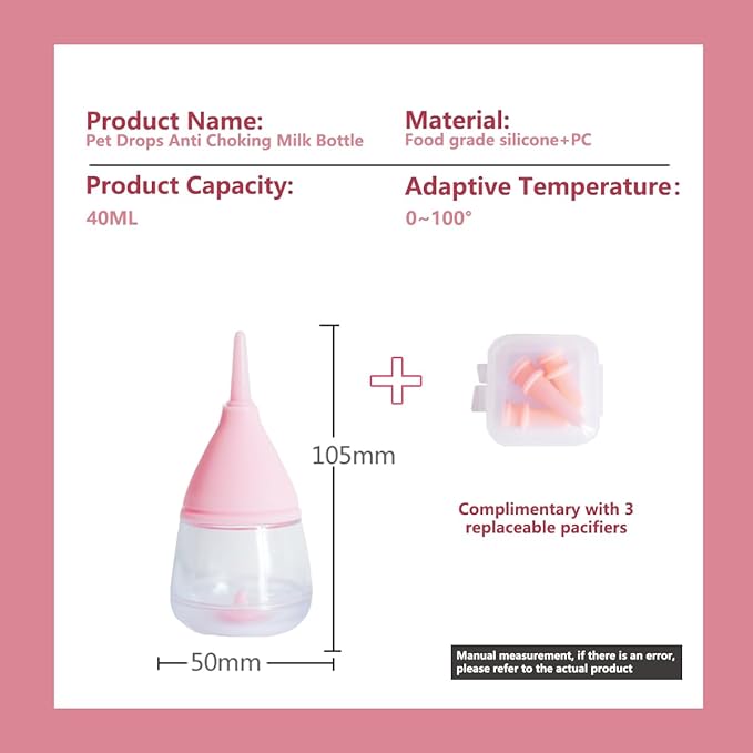 Kitten Bottles for Nursing,Puppy Bottles for Nursing Puppy Milk, Anti-Choking Puppy Feeder Design,with 3pcs Replaceable and Reusable Silicone Nipples for Feeding Newborn Pets (Pink, 40ml+3pcs)