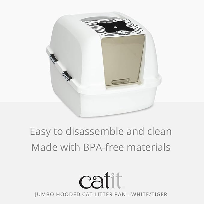 Catit Jumbo Hooded Cat Litter Box, White Tiger, 50696,White-Black