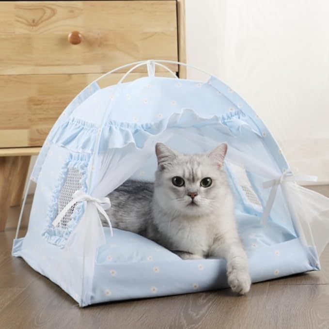 Cat Bed Tents Dog House Indoor Outdoor Lace Mesh Breathable Windows Door Curtains Removable Portable Nest Teepe House (Large,Blue)