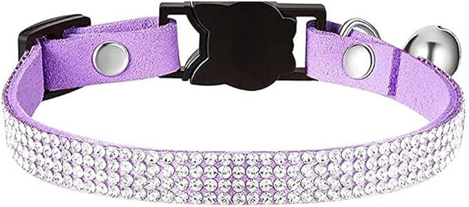 Cat Collars,Rhinestone for Girl Cats Bling Kitten Flower Adjustable Breakaway Collar with Bell Soft Velvet Leather Collar for Puppy Small Dogs (Purple)