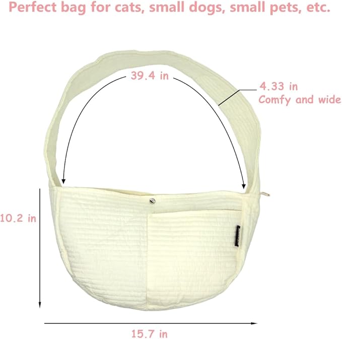 NATUYA Small Dog Carrier Sling for Small Dogs Puppy Cat - Big Pouch Safety Leash Pet Sling Carrier for Walking Outdoor Travel (White Long Strap, Canvas)