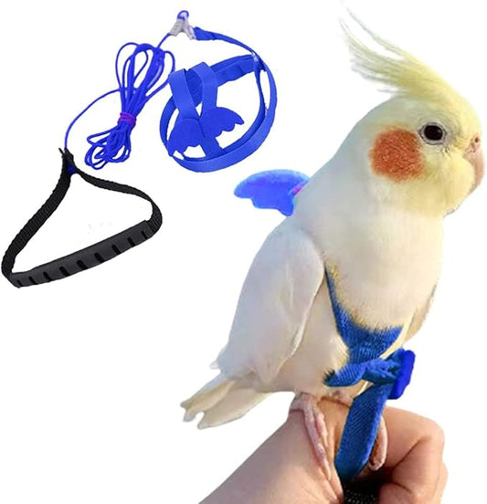 Birds Adjustable Harness and Leash, Parrot Outdoor Flying Training Traction Rope Straps with Cute Wing for Small Animal Birds, Parrots, Pigeons, Lizard, Turtles (M,Blue)