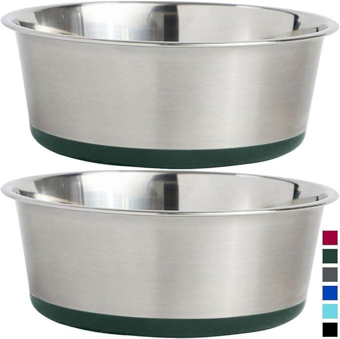 Gorilla Grip Stainless Steel Metal Dog Bowl Set of 2, Rubber Base, Heavy Duty Feeding Dishes, Food Grade BPA Free, Less Sliding, Quiet Pet Bowls for Cats and Dogs, Holds 2 Cups (16 fl oz), Green