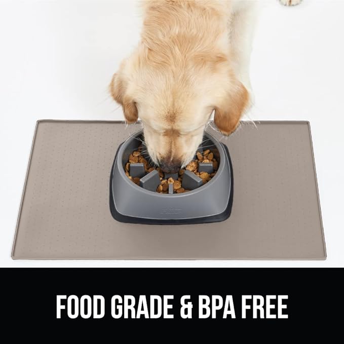 Gorilla Grip 100% Waterproof Raised Edge BPA Free Silicone Pet Feeding Mat, Dog Cat Food Mats Contain Spills Protects Floors, Placemats for Cats and Dogs Water Bowl, Pets Accessories 32x24 Beige