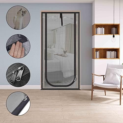 Reinforced Cat Screen Door,Fits Door Size 34''x 81'',Thickened Cat Resistant Mesh Screen Door for Living Room,Kitchen,Bedroom,Cat Proof Screen with Zipper Closure.