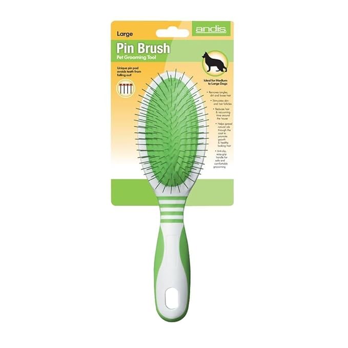 Andis 65720 Pin Brush for Medium & Long Hair Dogs - Gentle & Effective in Removing Dirt, Dust & Loose Hair - Promotes Healthy Skin & Coat - Large, Green/White