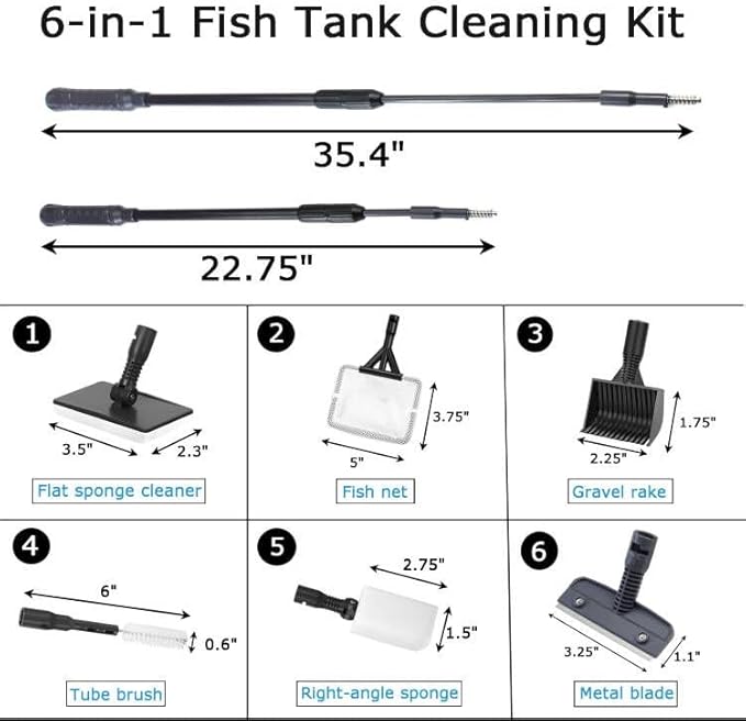 AQUANEAT Fish Tank Cleaning Tools, 6 in 1 Aquarium Cleaning Tools, including Algae Scraper, Sponge Pad, Fish Net, Gravel Rake and Cleaning Brush