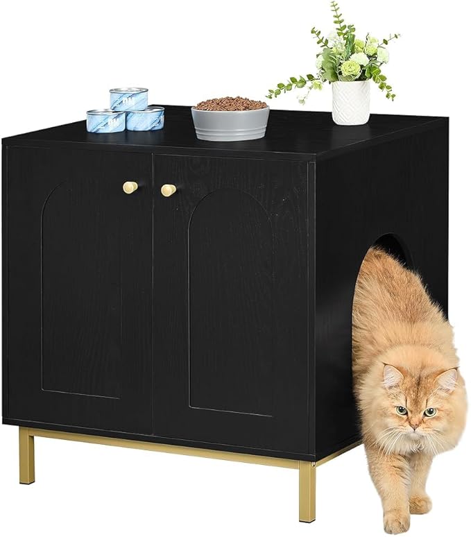 Cat Litter Box Enclosure, Hidden Litter Box Furniture, Wooden Pet House Side End Table, Storage Cabinet Bench, Fit Most Cat and Litter Box, Living Room, Bedroom, Black and Gold CB81204G