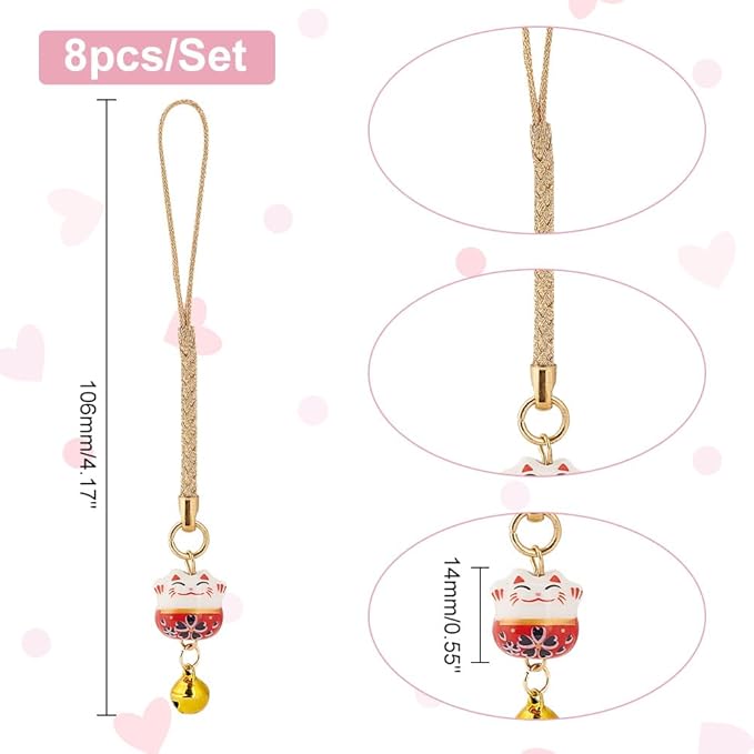 PH PandaHall 8pcs Lucky Cat Keychain Beckoning Cat Pendants Japanese Maneki Neko Fortune Pendants Keyrings Wealth Health Cat Ornament Mobile Phone Pendant for Cell Phone Backpack Wallet Christmas
