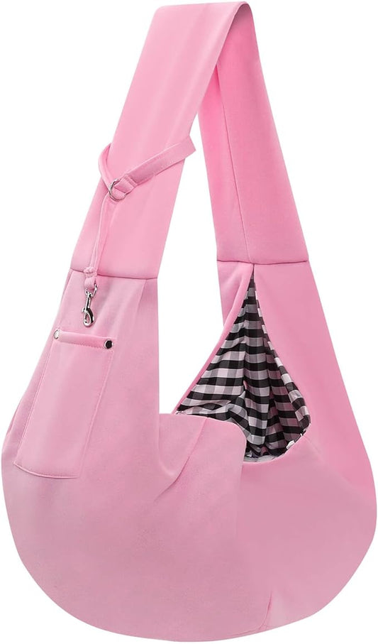 Dog Carrier Sling - Reversible Puppy Carrier Purse with Storage Pocket, Hand-Free Dog Sling Carrier for Carry Small Dogs and Cats，Travel Safety Harness, Dog and cat Harness (Pink)