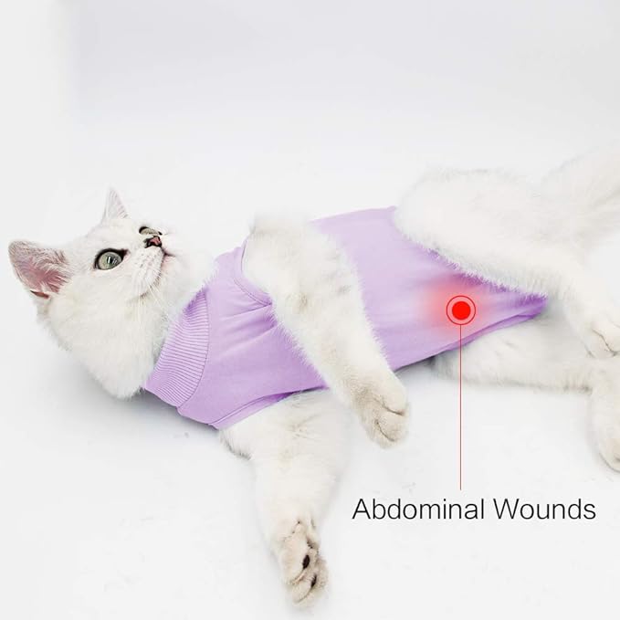 Cat Recovery Suit for Male and Female Surgical Post Surgery Soft Cone Onesie Shirt Clothes Neuter Licking Protective Diapers Outfit Cover Kitten Spay Collar(L, Purple)